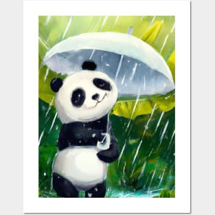 Panda with Leaf Umbrella Posters and Art